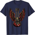 80s Rock Double-Neck Guitar With Wings Graphic T-Shirt - Navy Blue