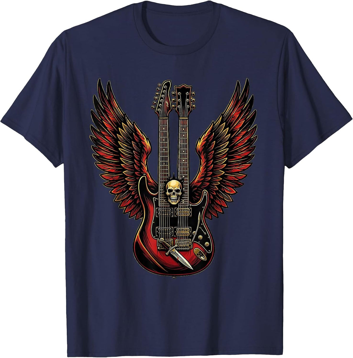 80s Rock Double-Neck Guitar With Wings Graphic T-Shirt - Navy Blue