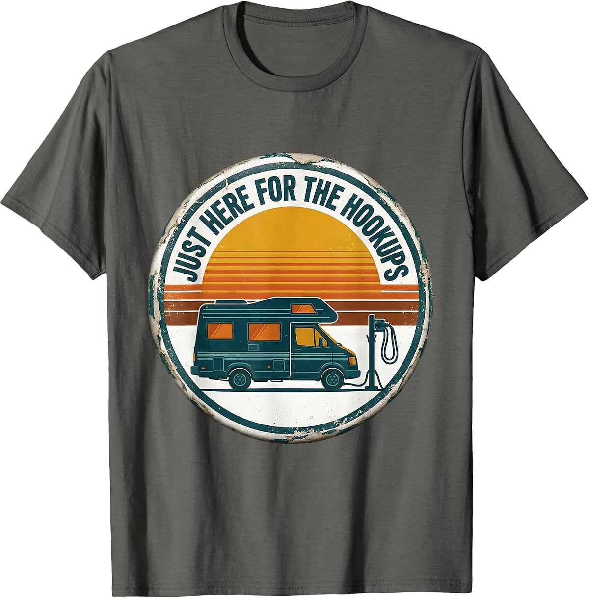 Men's Just Here For The Hookups Retro Van Life Nomad Badge T-Shirt - Asphalt Grey