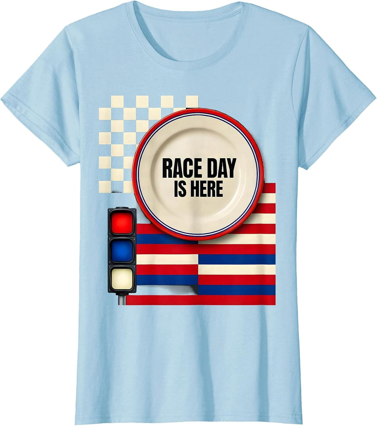 Race Day Is Here Patriotic Drag Racing Checkered Flag T-Shirt - Baby Blue