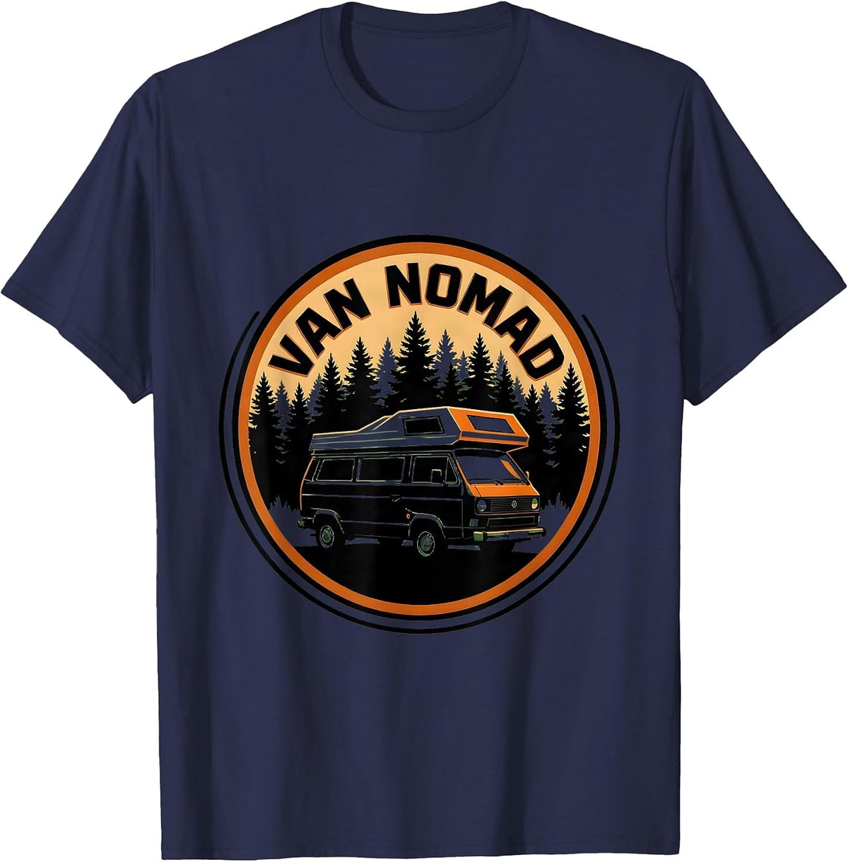Van Nomad Silhouette Campervan Van Life Road Trip T-Shirt - Navy Blue