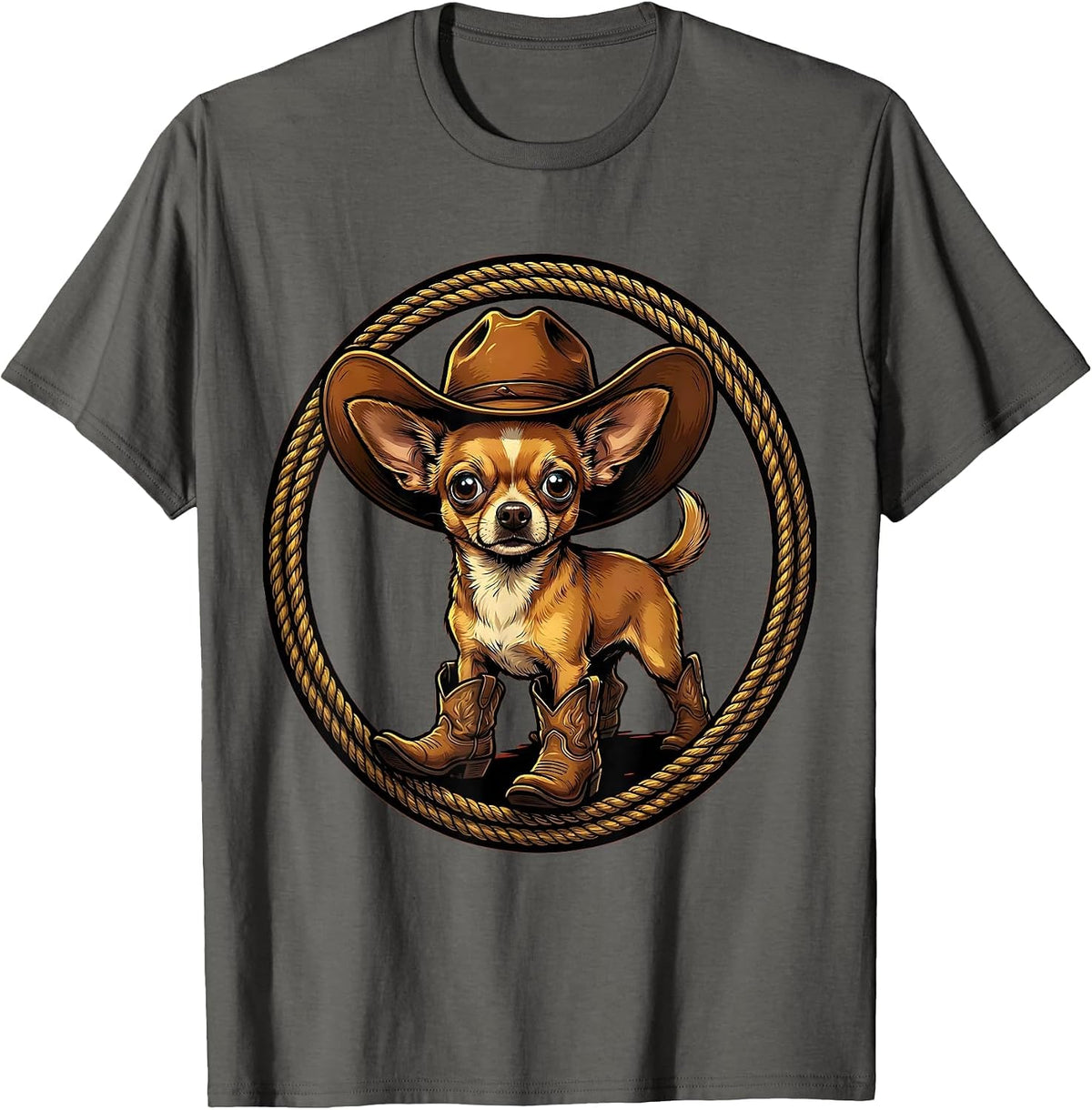 Men's Funny Chihuahua Cowboy Hat and Boots Illustration T-Shirt - Asphalt Grey