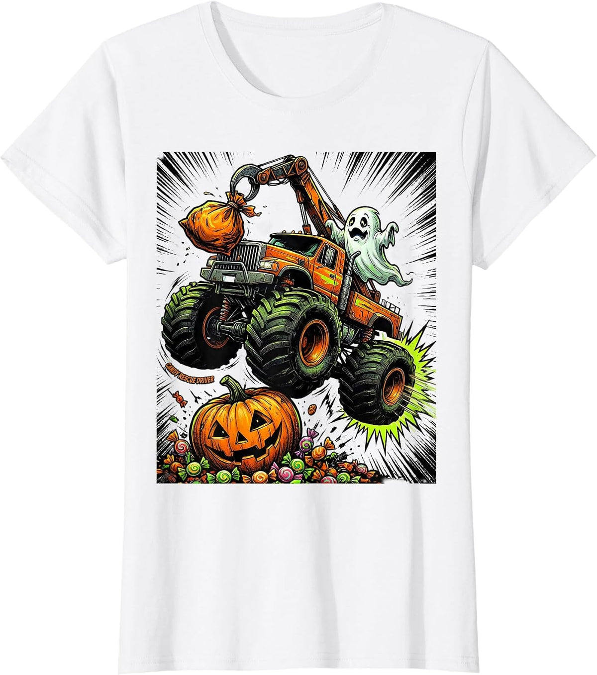 Women's Candy Rescue Driver Comic Book Monster Truck Halloween T-Shirt - White