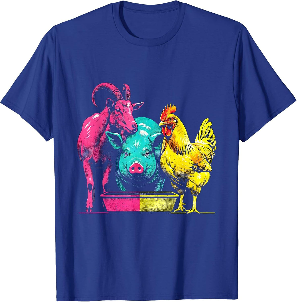 Men's Interlocked Goat Pig Chicken Risograph Farm Animal Humor T-Shirt - Royal Blue
