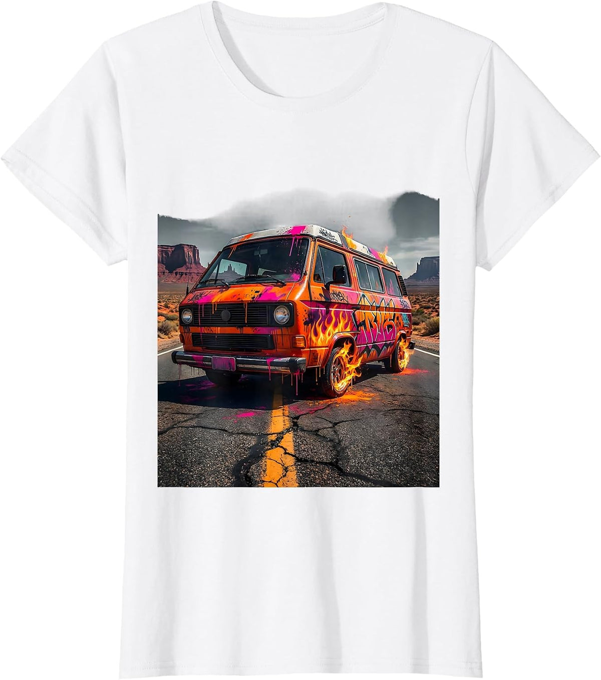 Vintage Touring Van Open Highway Graphic T-Shirt - White