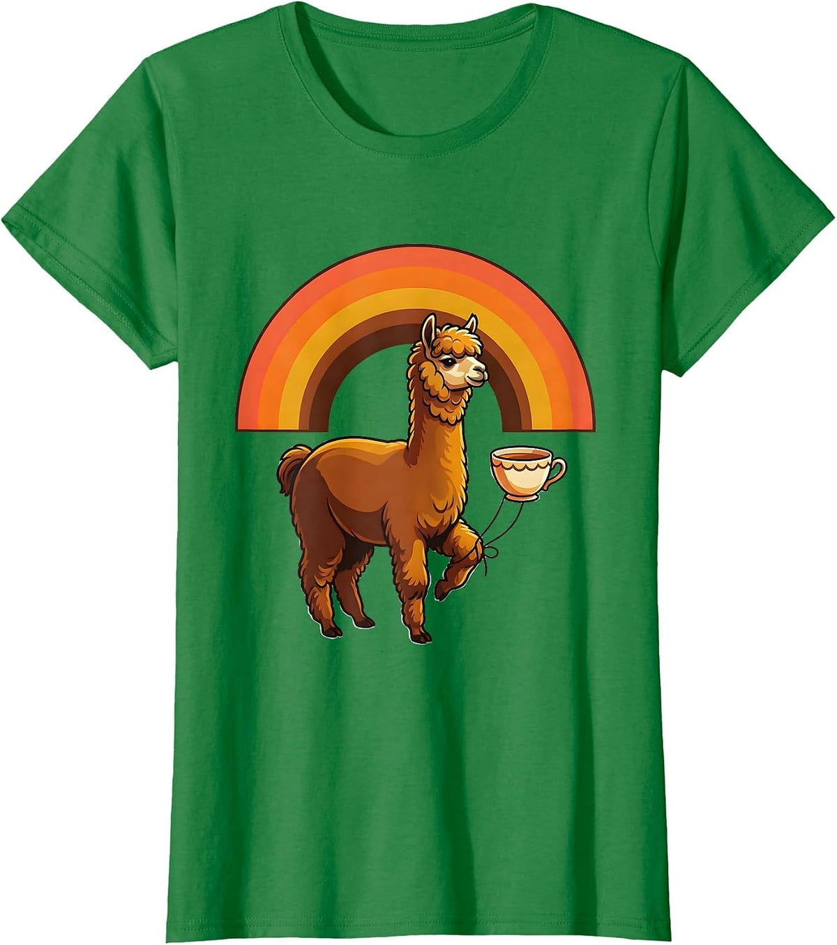 Women's Serene Llama Rainbow Retro 70s Novelty Humor T-Shirt - Kelly Green