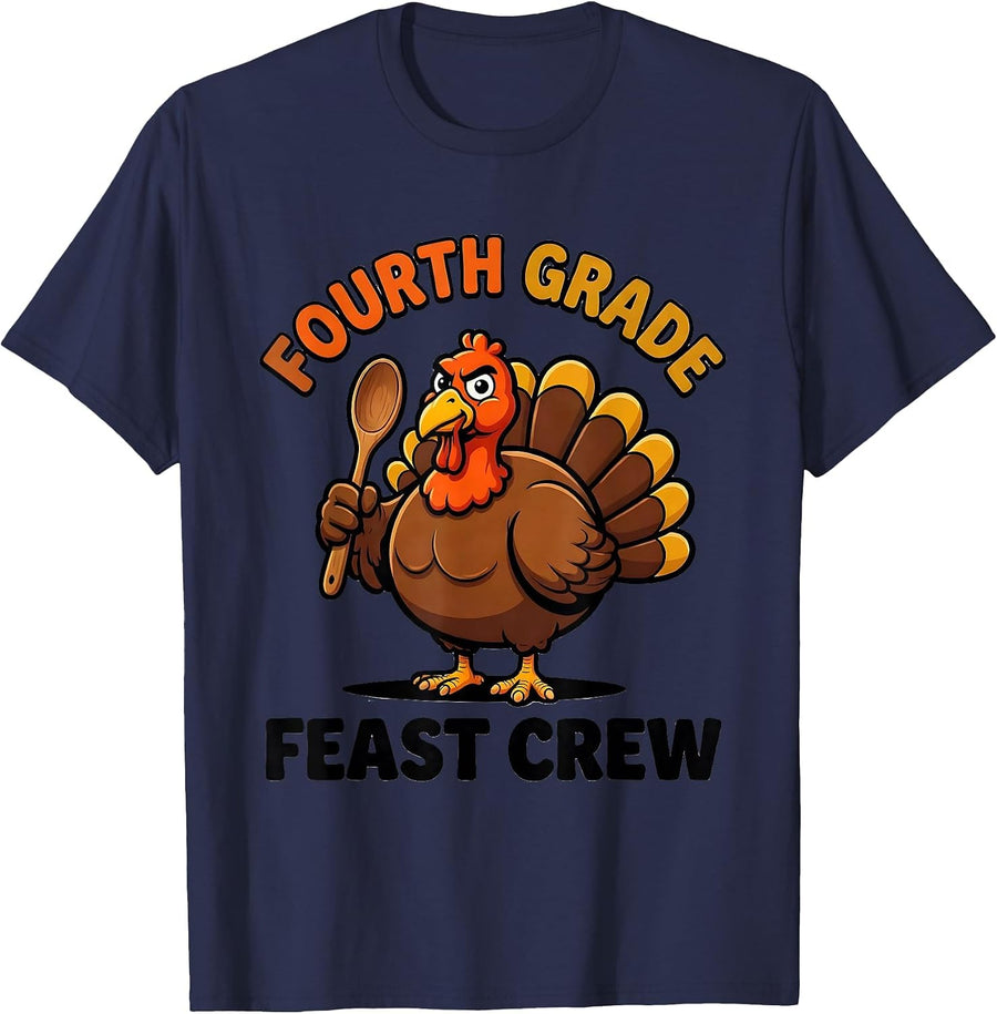 Fourth Grade Feast Crew Cartoon Teacher Thanksgiving Crew T-Shirt - Navy Blue