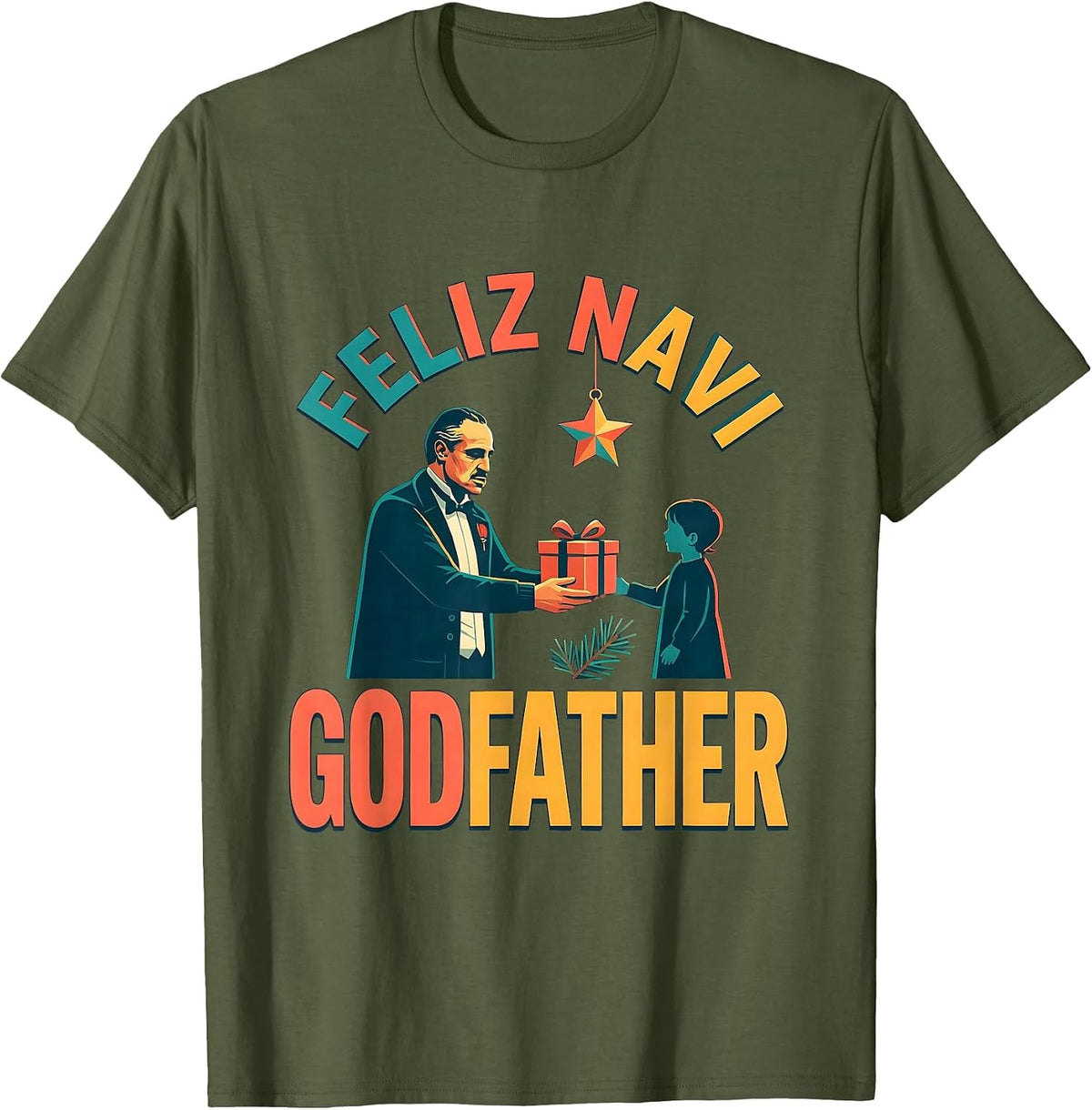 Men's Feliz Navi Godfather Funny Christmas Dad Pun Ugly Sweater T-Shirt - Olive Green