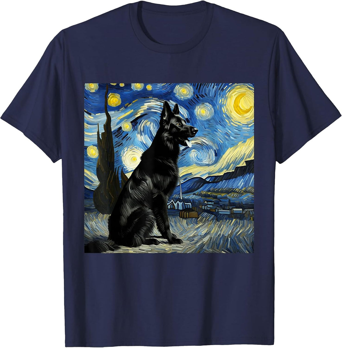 Black German Shepherd Starry Night Van Gogh Thanksgiving T-Shirt - Navy Blue