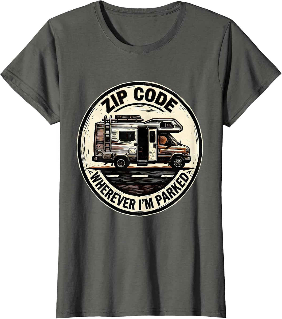 Women's Zip Code: Wherever I'm Parked Vintage Van Life Camper Van T-Shirt - Asphalt Grey