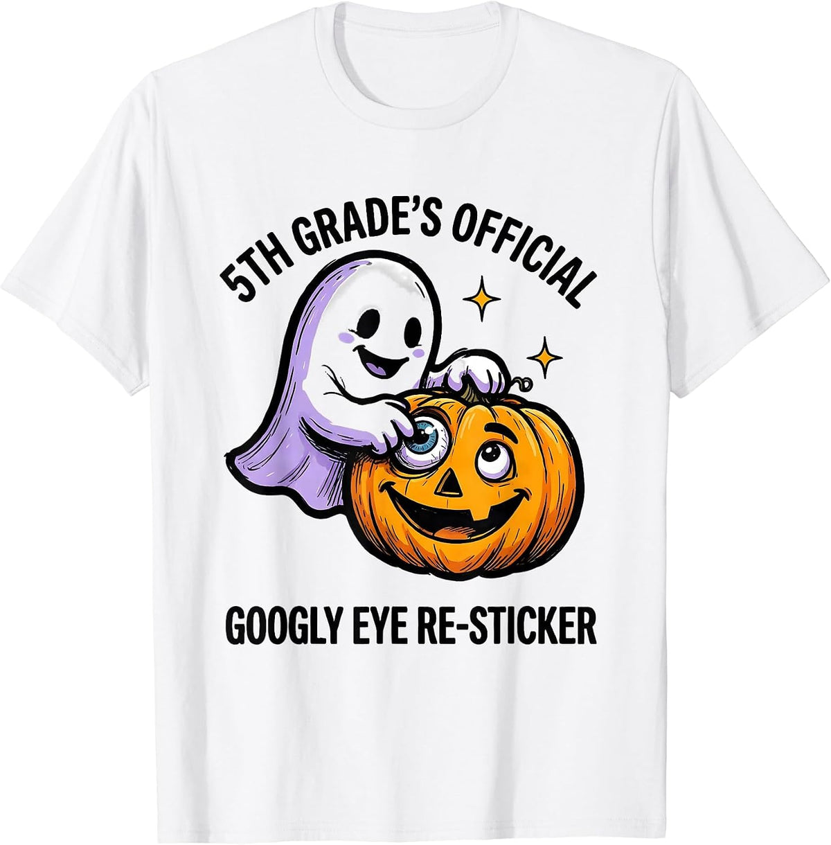 Men's 5th Grade's Official Googly Eye Re-Sticker Halloween Teacher T-Shirt - White