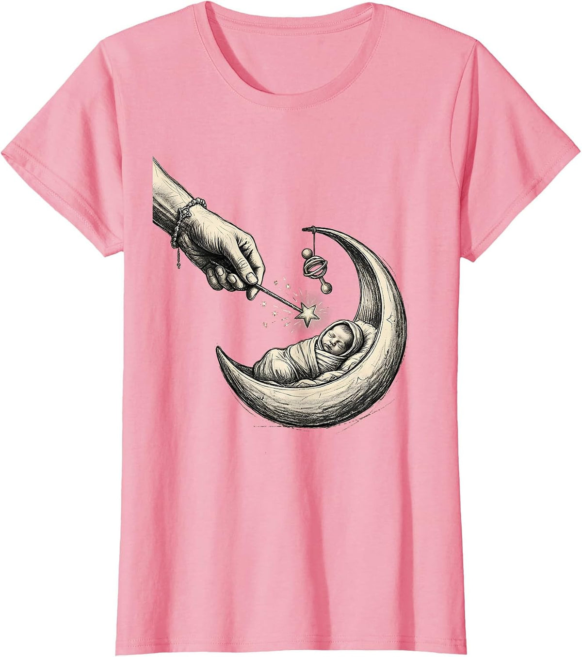 Women's Fairy Godmother New Baby Gift Hand-Sketched Magic Wand Humor T-Shirt - Pink