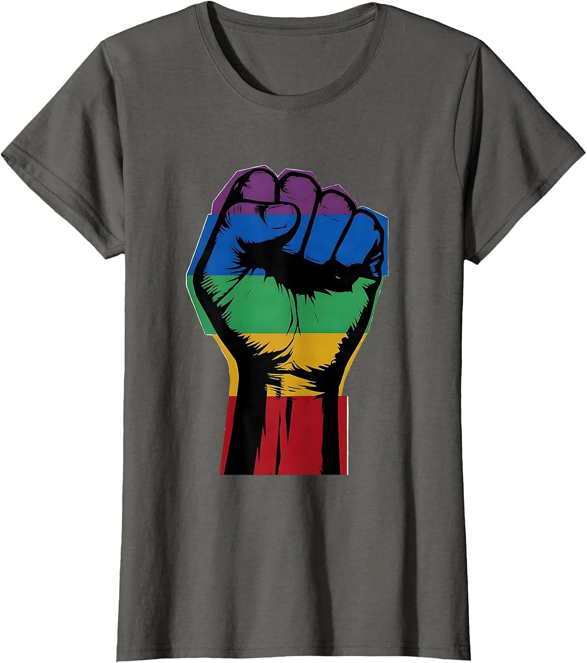 Rainbow Raised Fist Pride and Unity Graphic T-Shirt, Women, Asphalt Grey, Medium - As Pictured