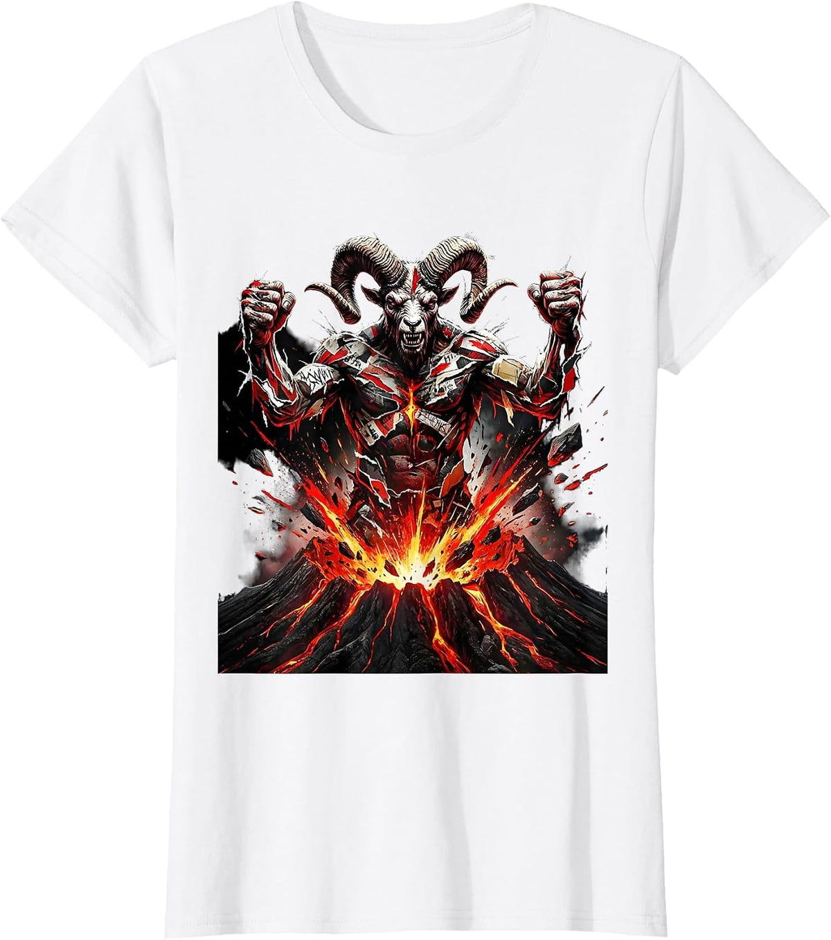 Giant Horned Volcano Demon Metal Graphic T-Shirt - White
