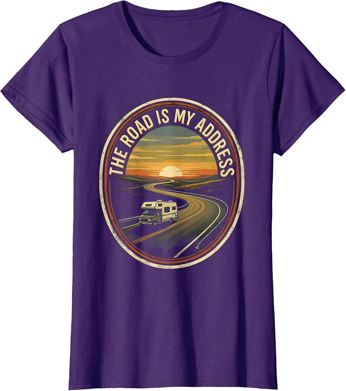 Women's The Road Is My Address Vintage Van Life Retro Road Trip T-Shirt - Purple
