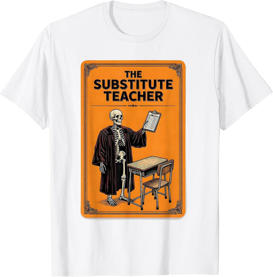 Men's The Substitute Teacher Tarot Card Halloween Skeleton Gothic T-Shirt - White