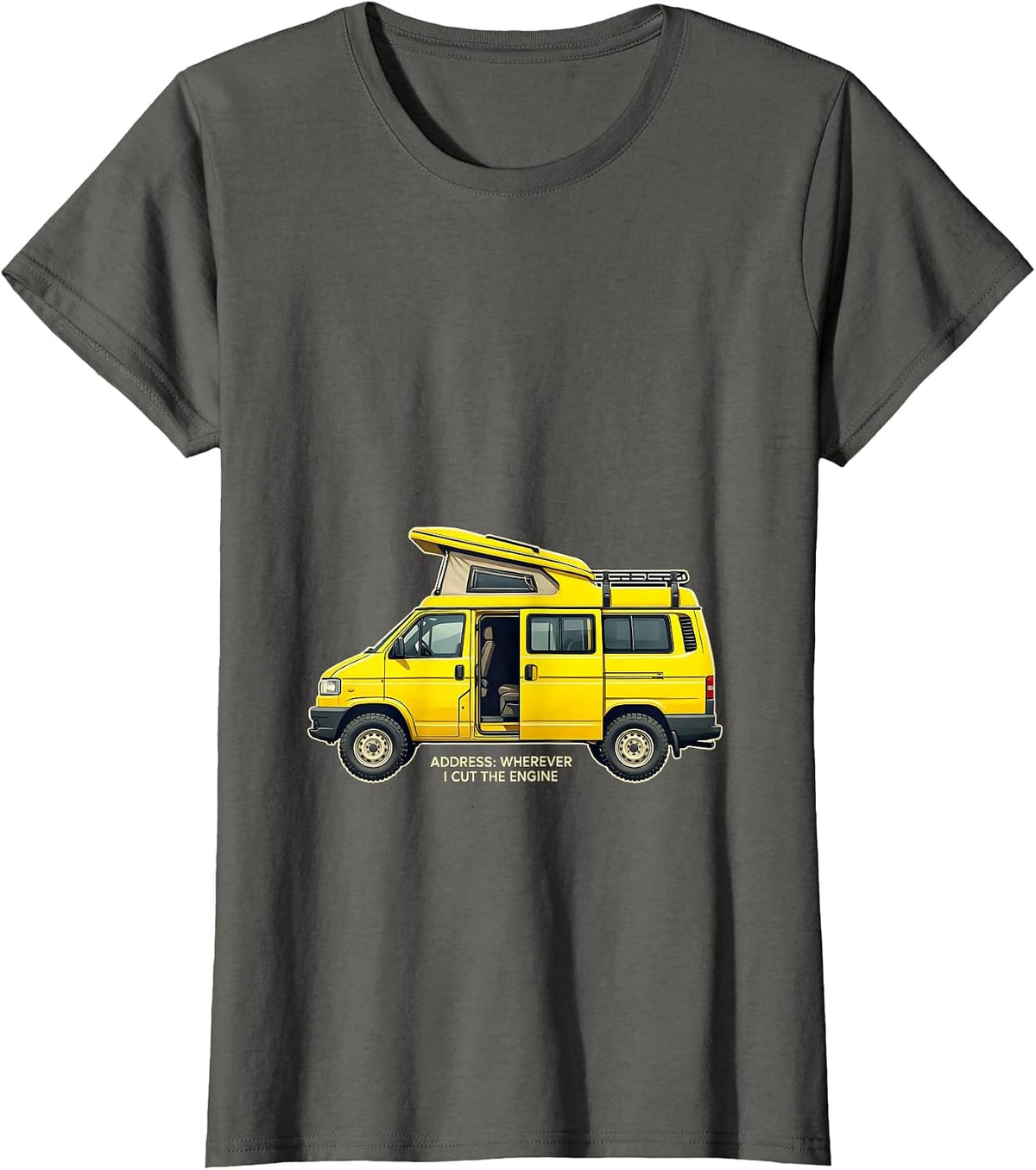Women's Address: Wherever I Cut The Engine Retro Van Life Camper Van T-Shirt - Asphalt Grey