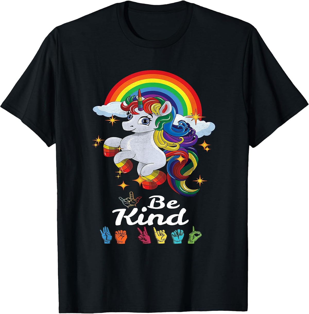 Be Kind Love ASL Teacher American Sign Language Girl Unicorn T-Shirt - Black