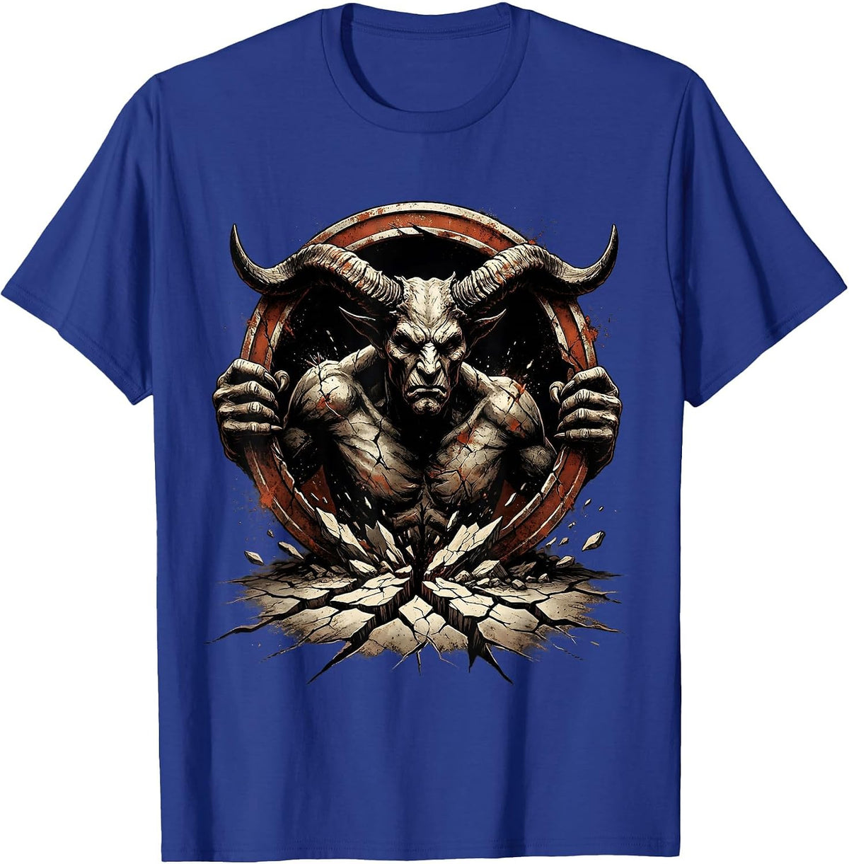 Horned Demon Rising From Cracked Earth Design T-Shirt - Royal Blue