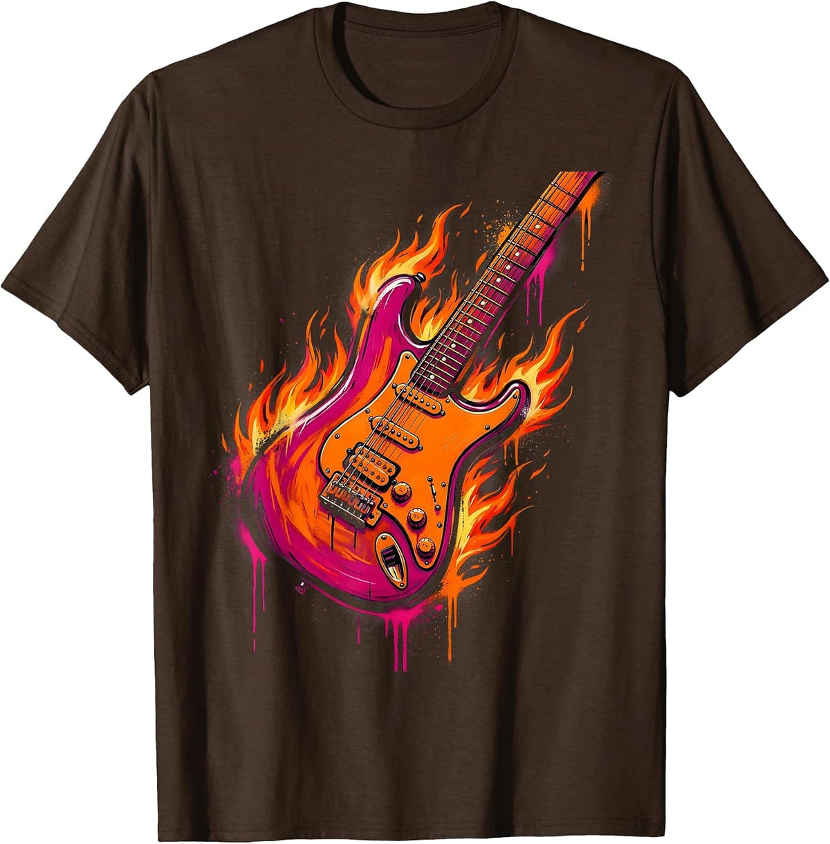 Electric Guitar Engulfed in Flames Graphic T-Shirt - Brown
