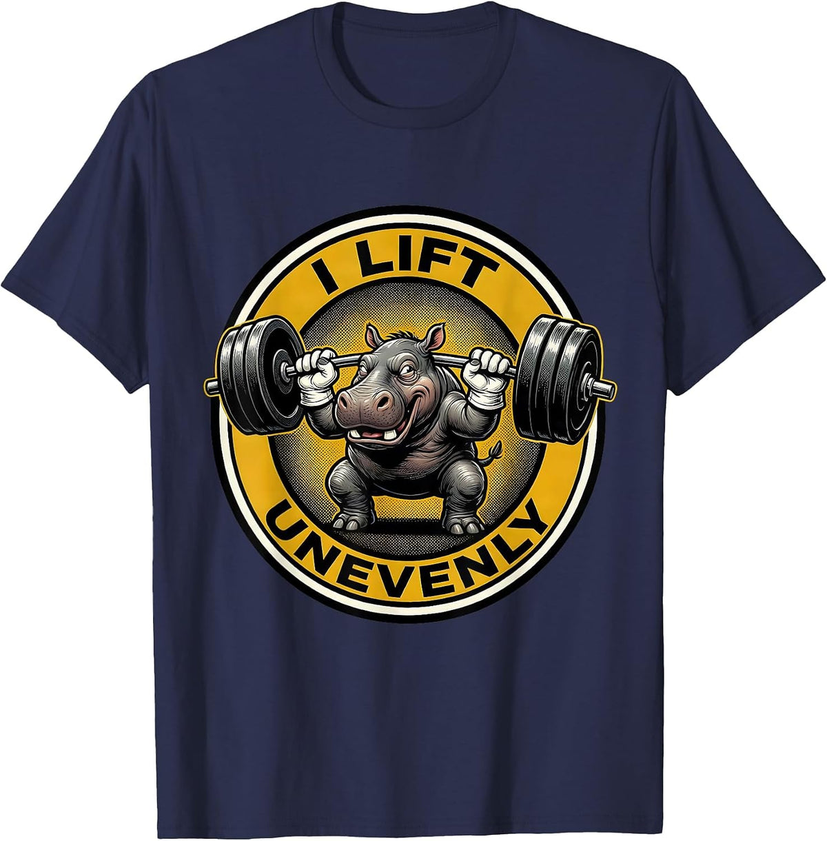 I Lift, Unevenly Retro Cartoon Funny Gym Weightlifting T-Shirt - Navy Blue
