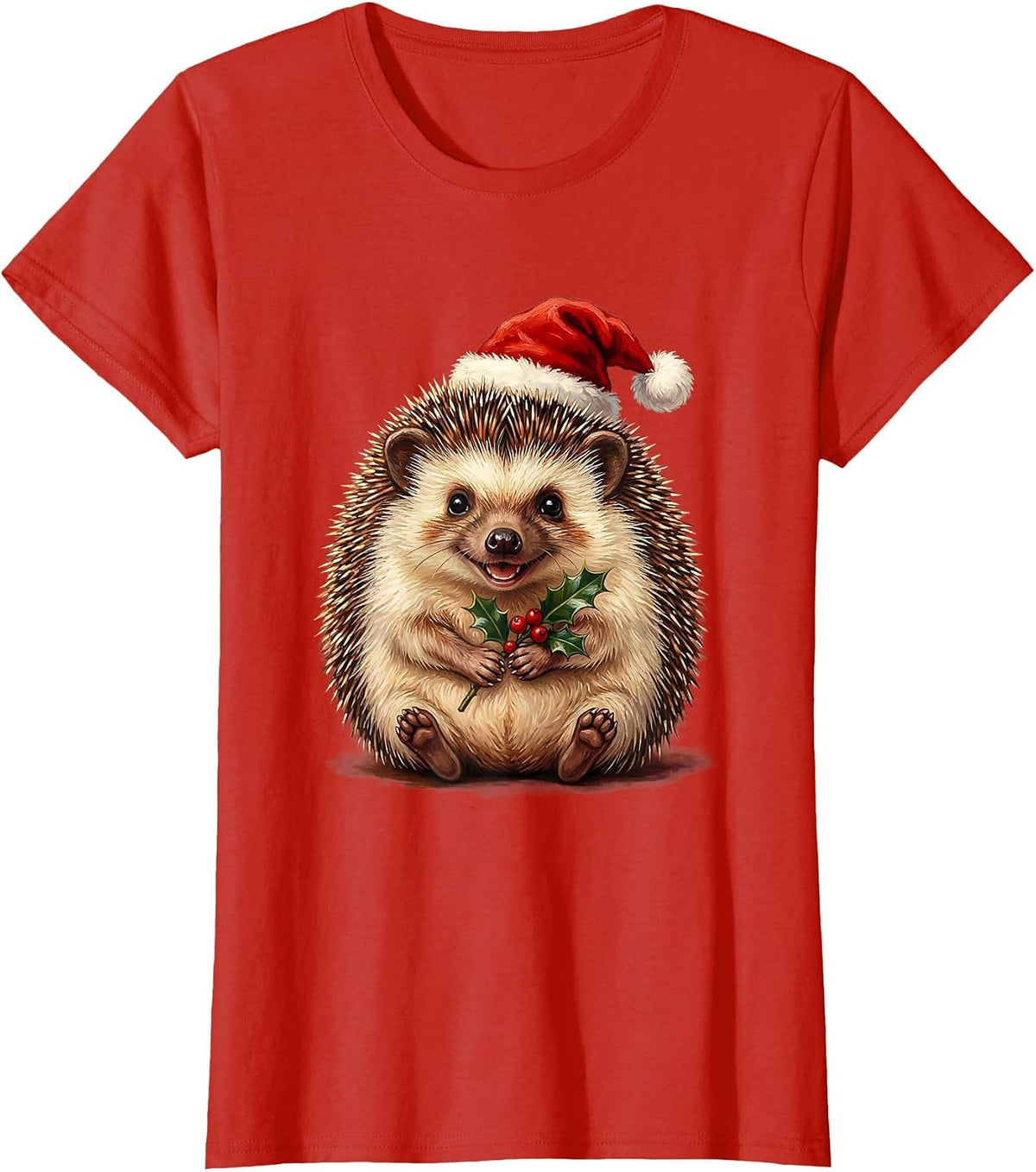 Women's Cute Christmas Hedgehog Santa Hat Holiday Design T-Shirt - Red