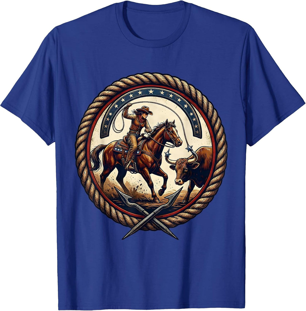 Men's Cowgirl Roping Steer Rodeo Graphic Design T-Shirt - Royal Blue