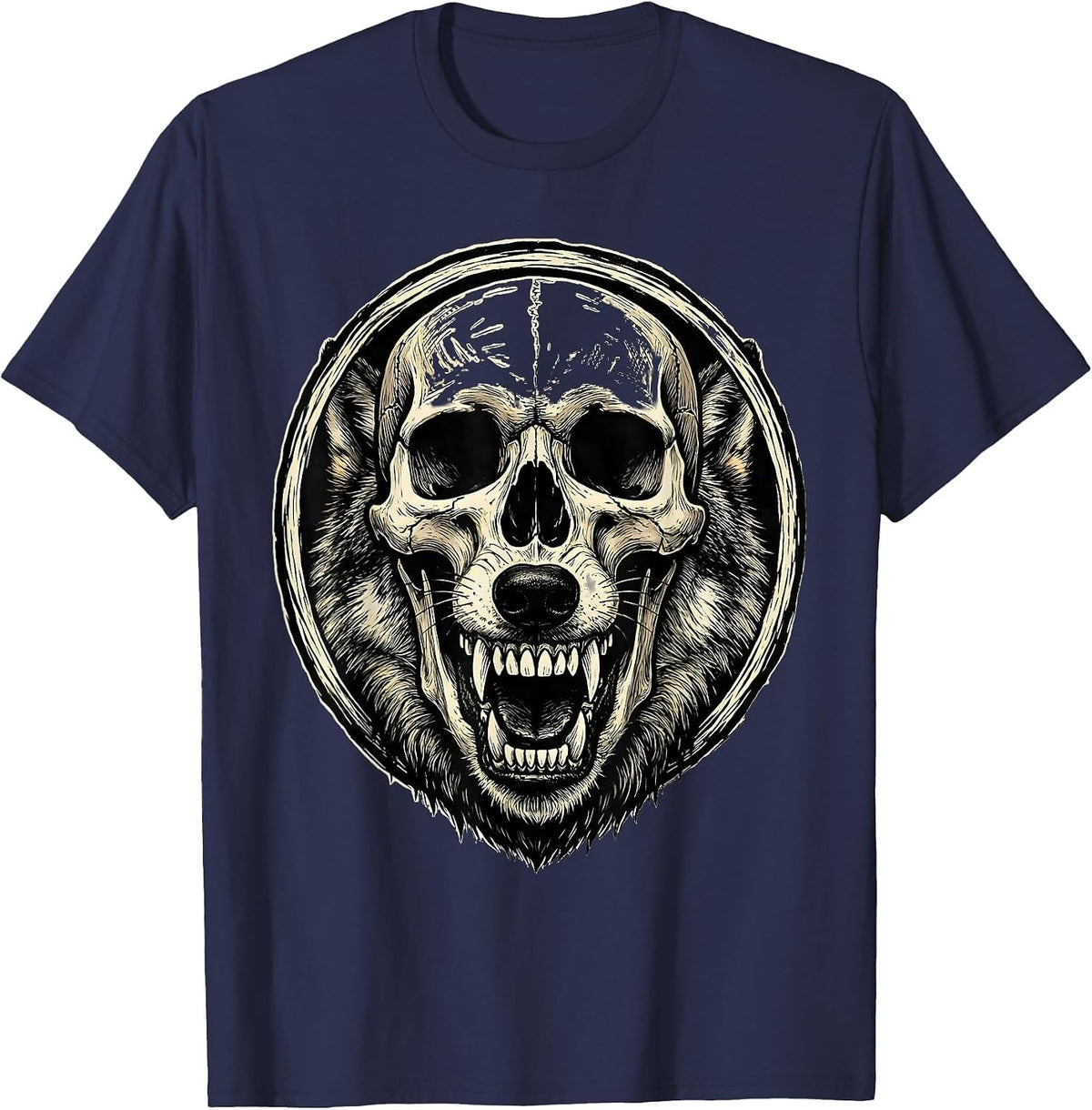 Skull Wolf Jaw Graphic Design T-Shirt - Navy Blue