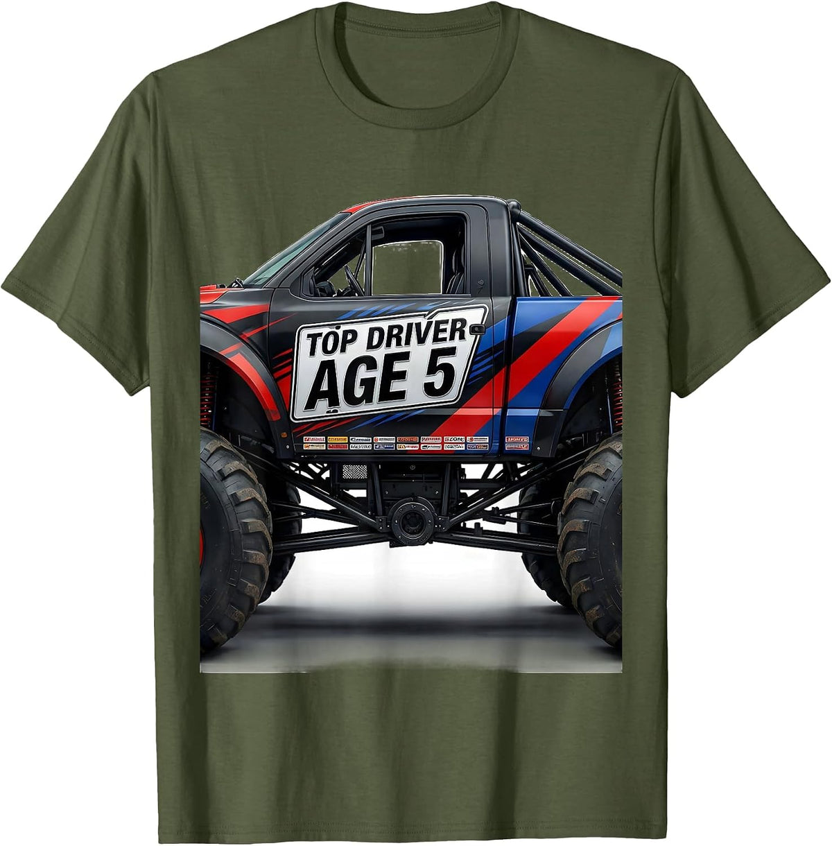 TOP DRIVER AGE 5 Monster Truck Birthday Boy Party Keepsake T-Shirt - Olive Green