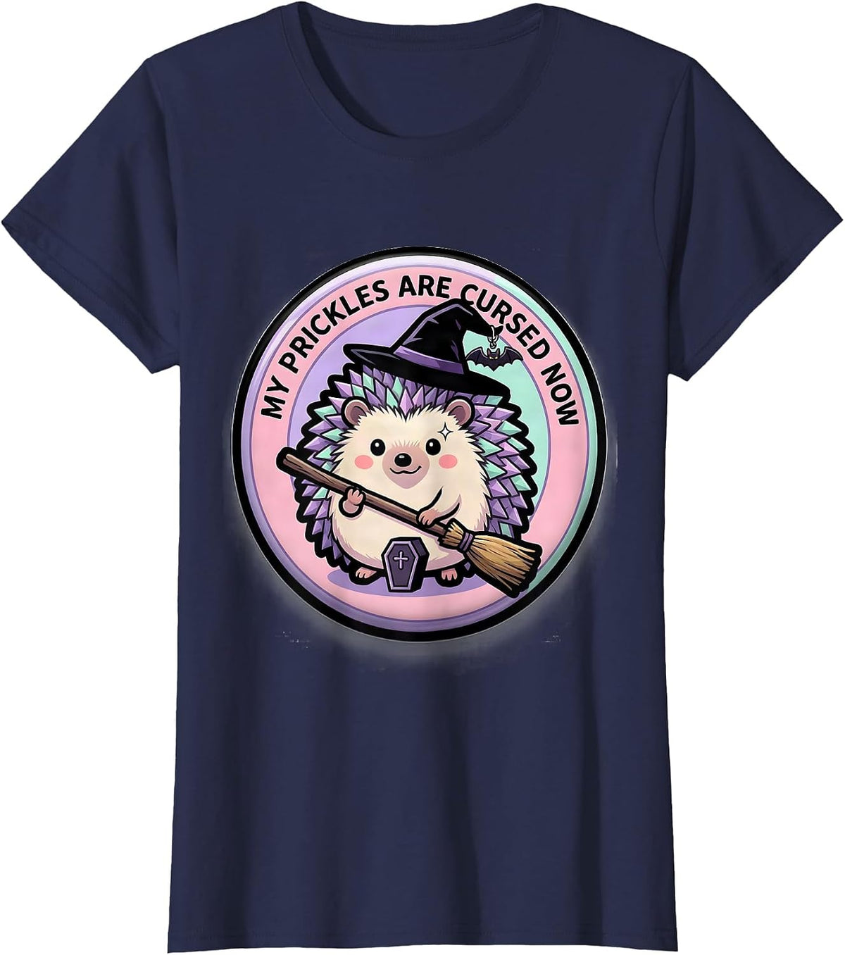 Women's My Prickles Are Cursed Now Pastel Goth Kawaii Hedgehog Witch T-Shirt - Navy Blue