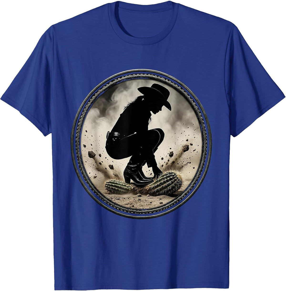 Cowgirl Boot Crushing Cactus Western Rodeo Graphic T-Shirt - Royal Blue
