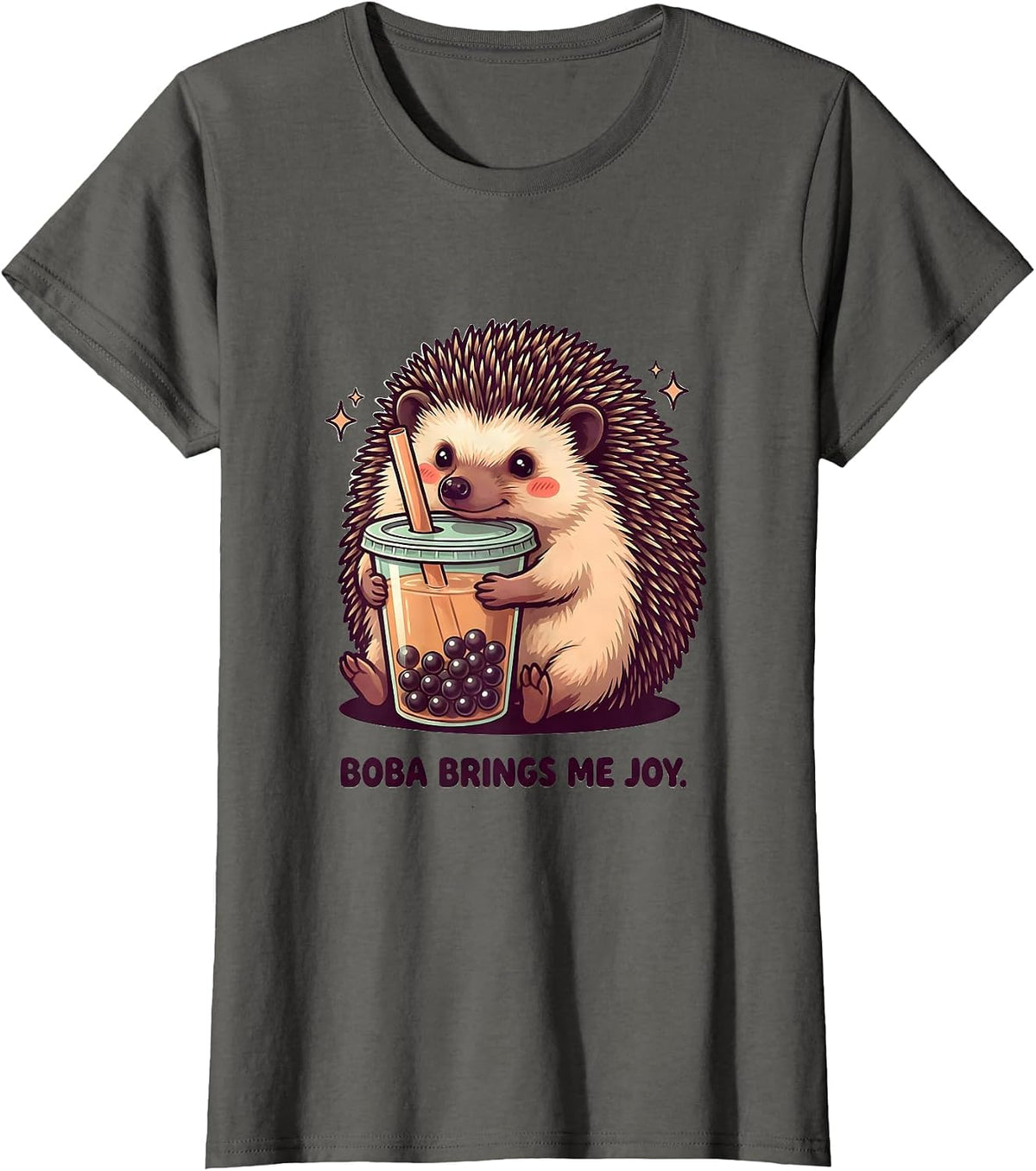 Women's Boba Brings Me Joy Cute Kawaii Hedgehog Boba Tea Lover T-Shirt - Asphalt Grey