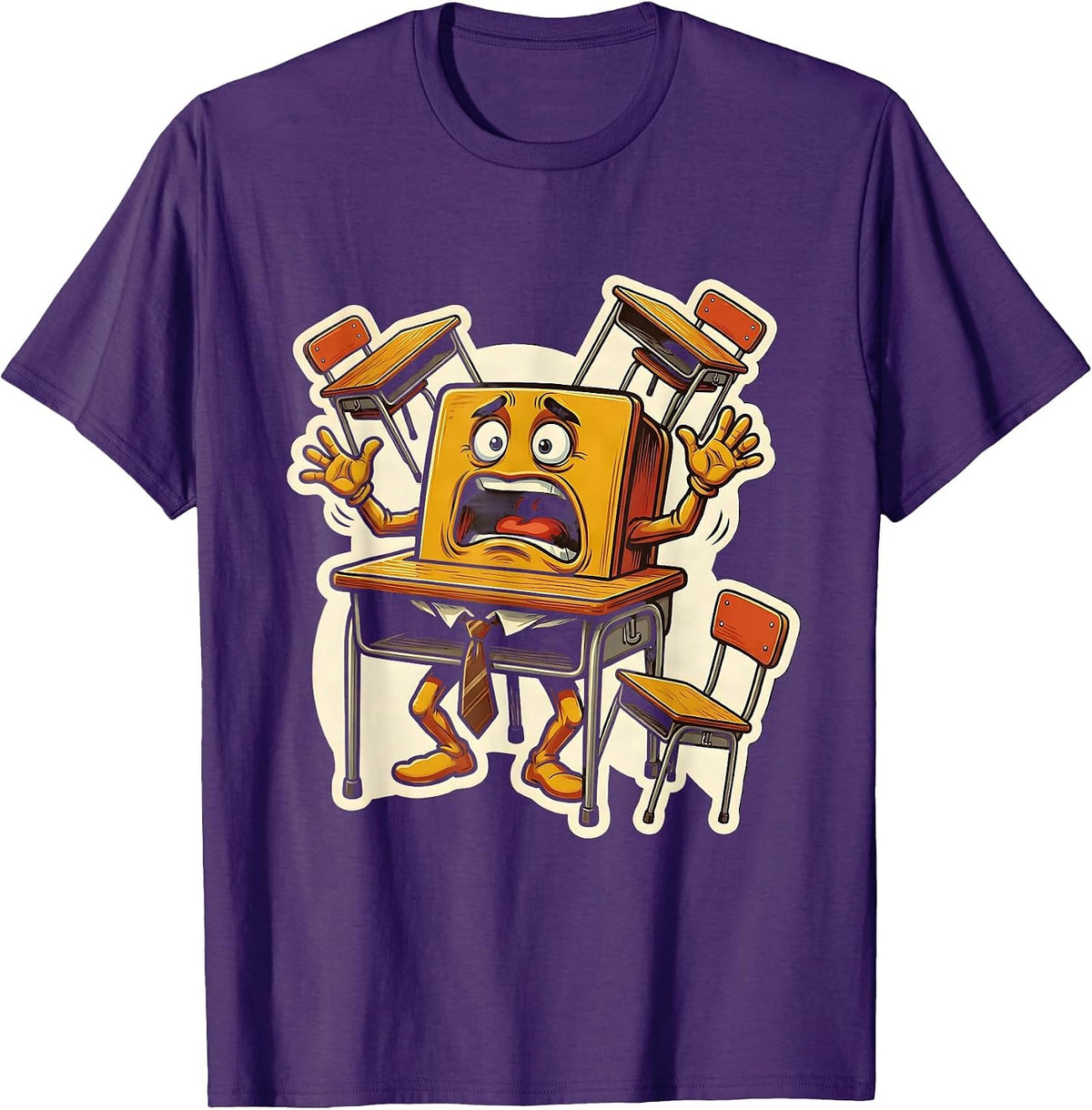 Substitute Teacher Chaotic Classroom Desks Design T-Shirt - Purple