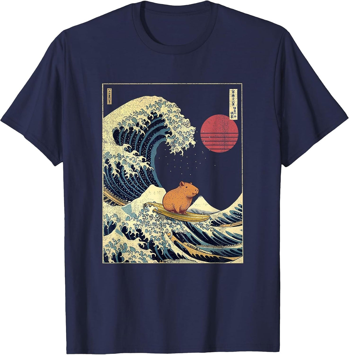 Capybara Japanese Kanagawa Wave Funny Surf Animal T-Shirt - Navy Blue