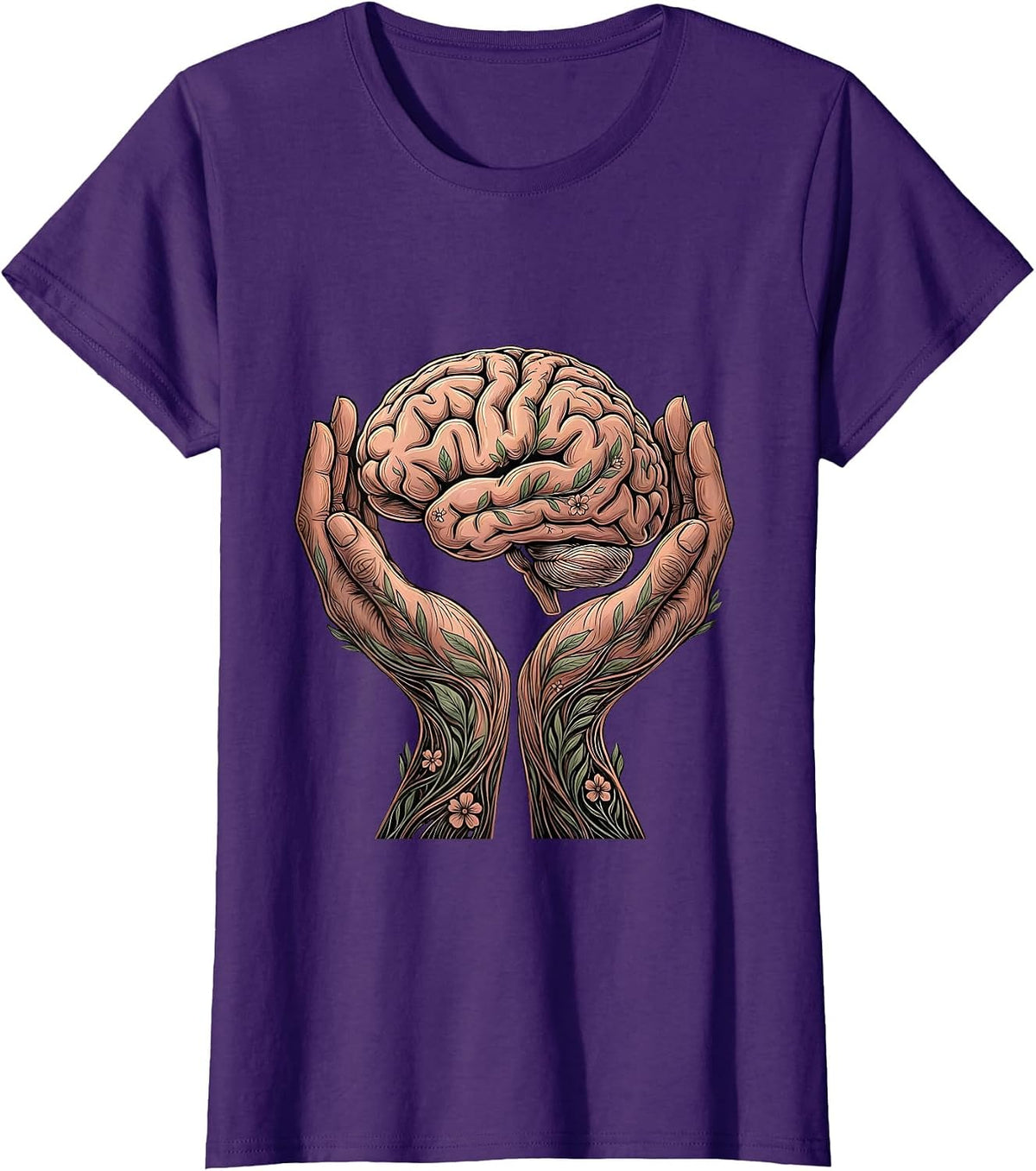 Women's Cupped Hands Glowing Brain Mental Health Graphic T-Shirt - Purple
