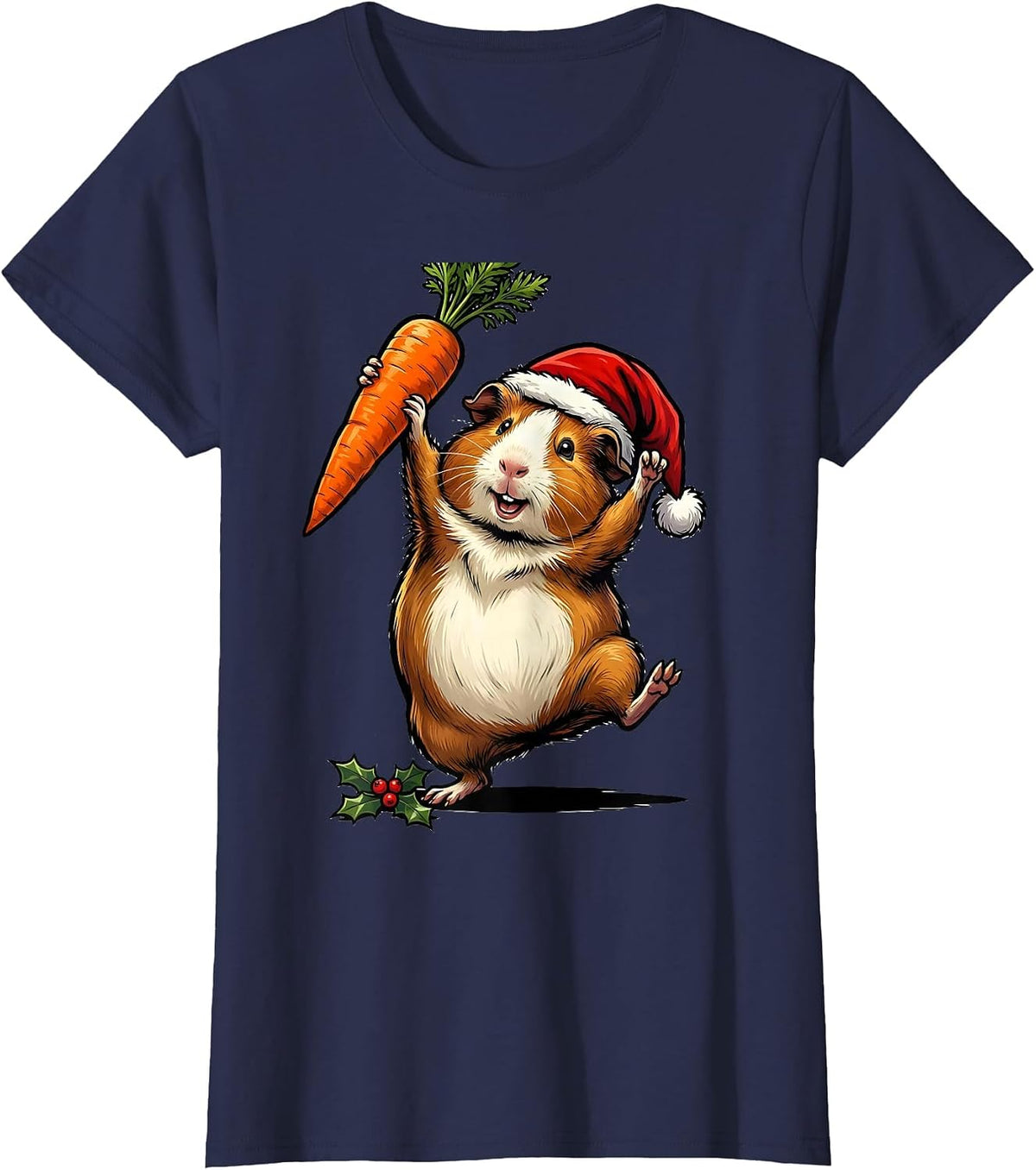 Women's Guinea Pig Santa Hat Funny Christmas Pet Lover T-Shirt - Navy Blue