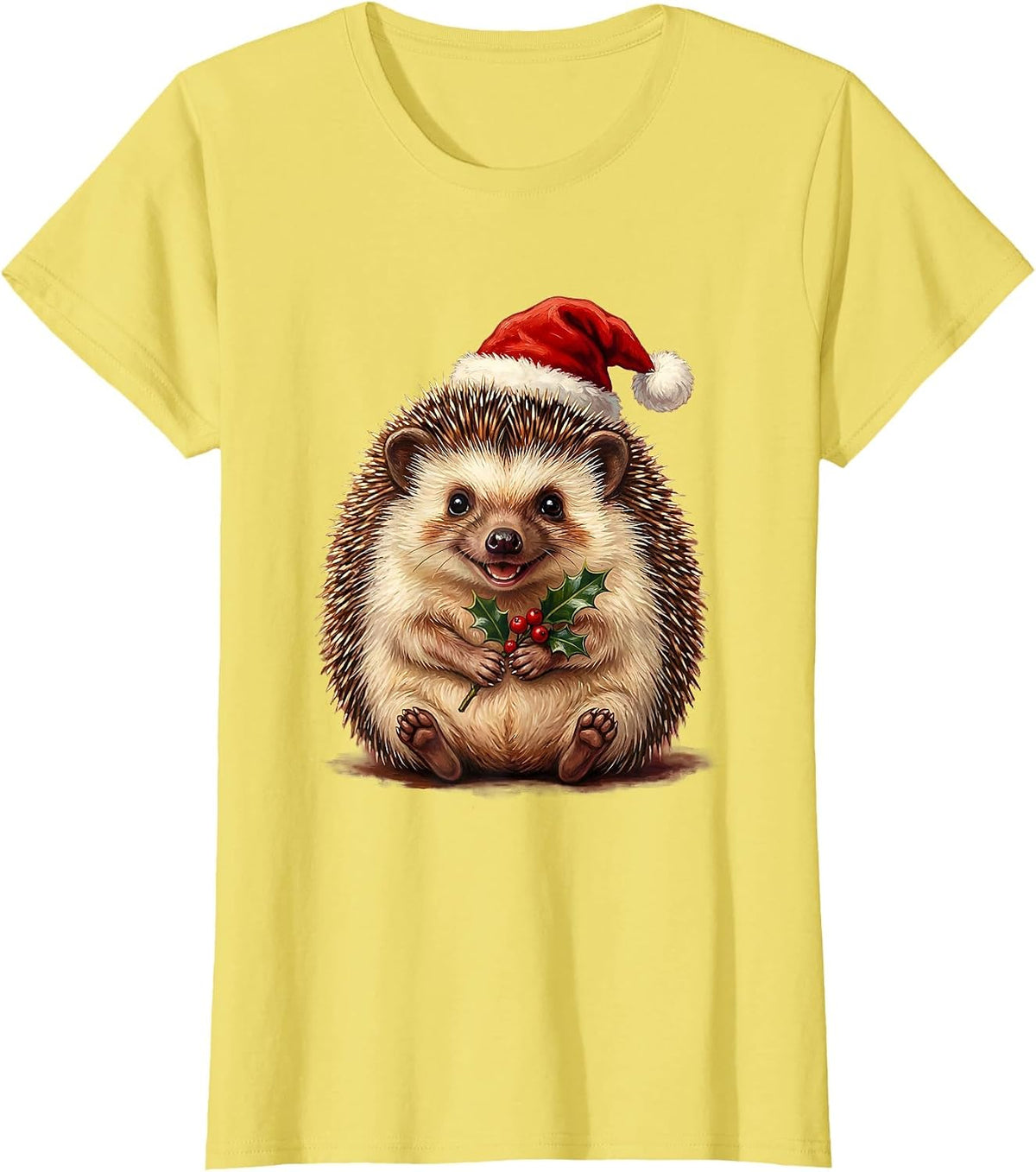 Women's Cute Christmas Hedgehog Santa Hat Holiday Design T-Shirt - Lemon Yellow