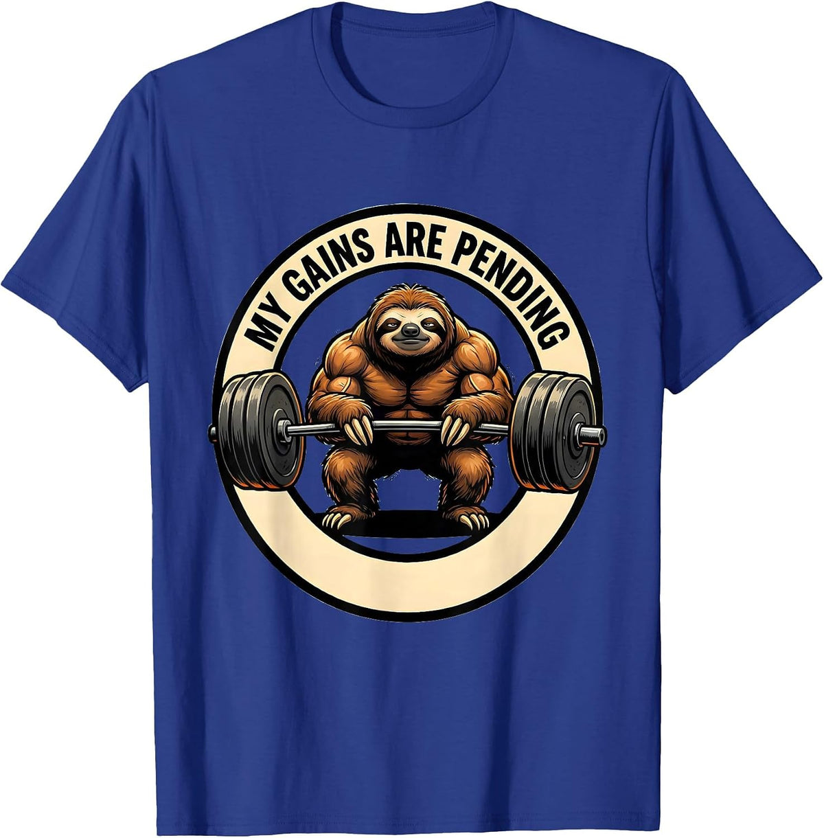 Men's My Gains Are Pending Funny Gym Cartoon Weightlifting Workout T-Shirt - Royal Blue