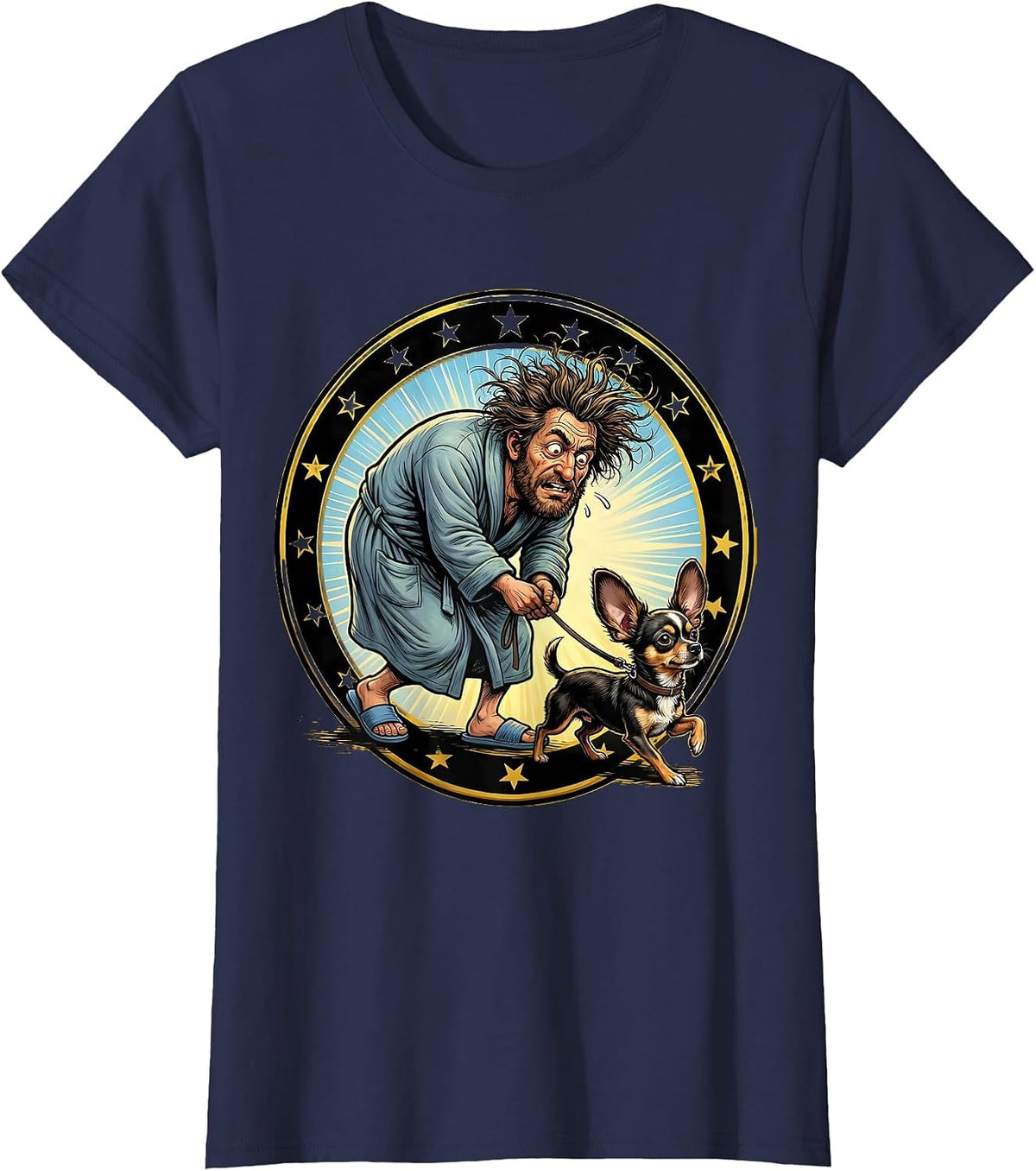 Women's Crazy Dog Chihuahua Morning Walk Bathrobe T-Shirt - Navy Blue