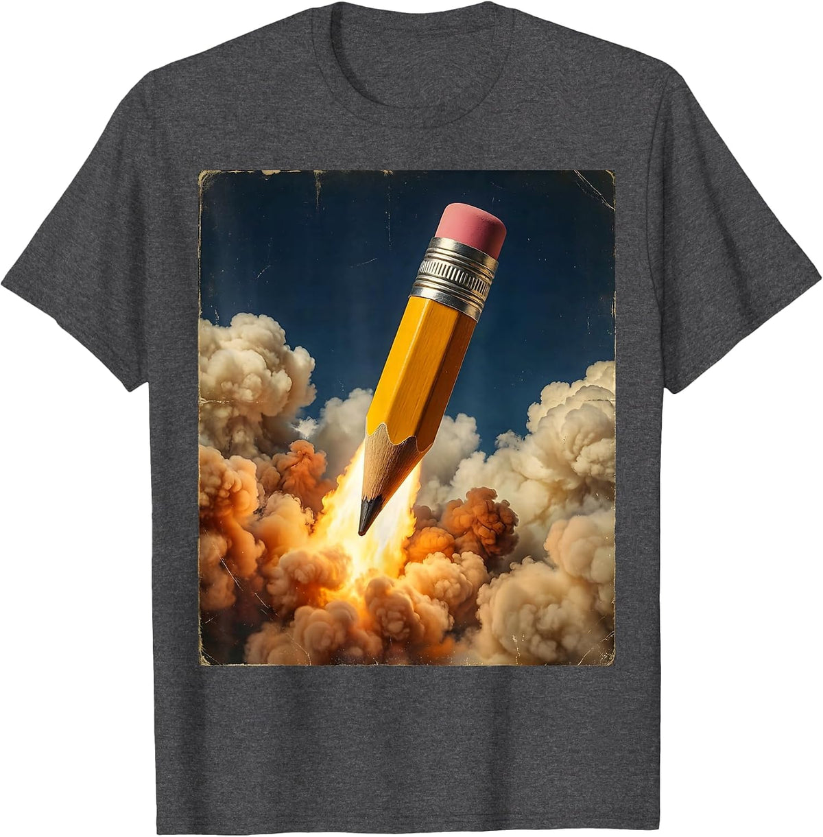 4th Grade Teacher Pencil Rocket Ship Blasting Clouds T-Shirt - Dark Heather Grey