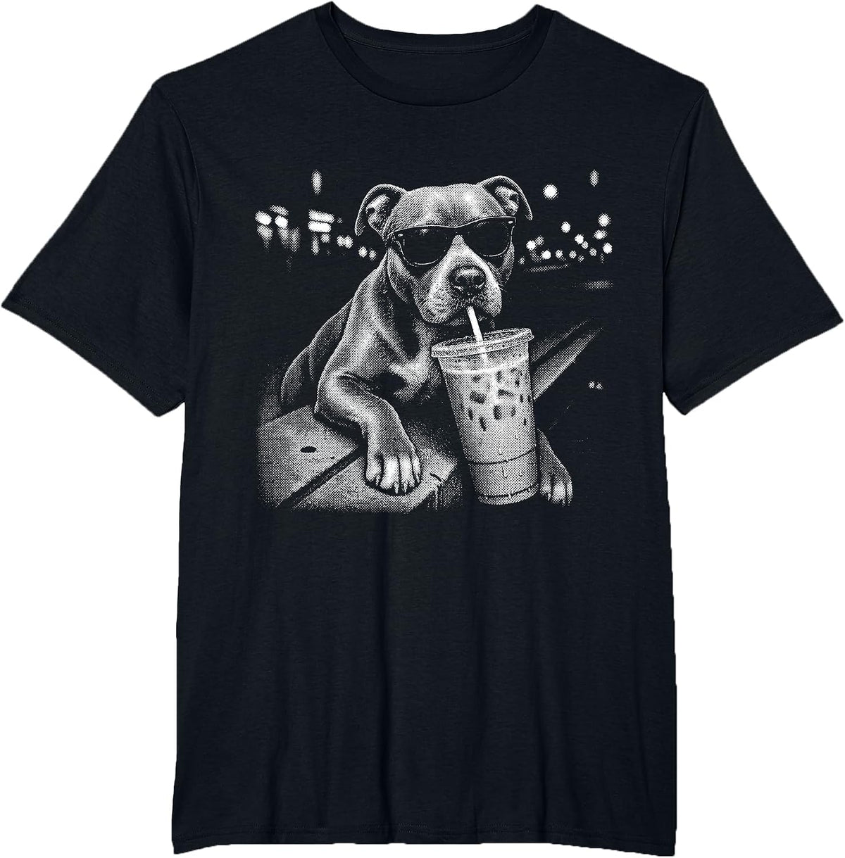 Funny Pitbull Drinking Iced Coffee Animal Meme Graphic T-Shirt - Black