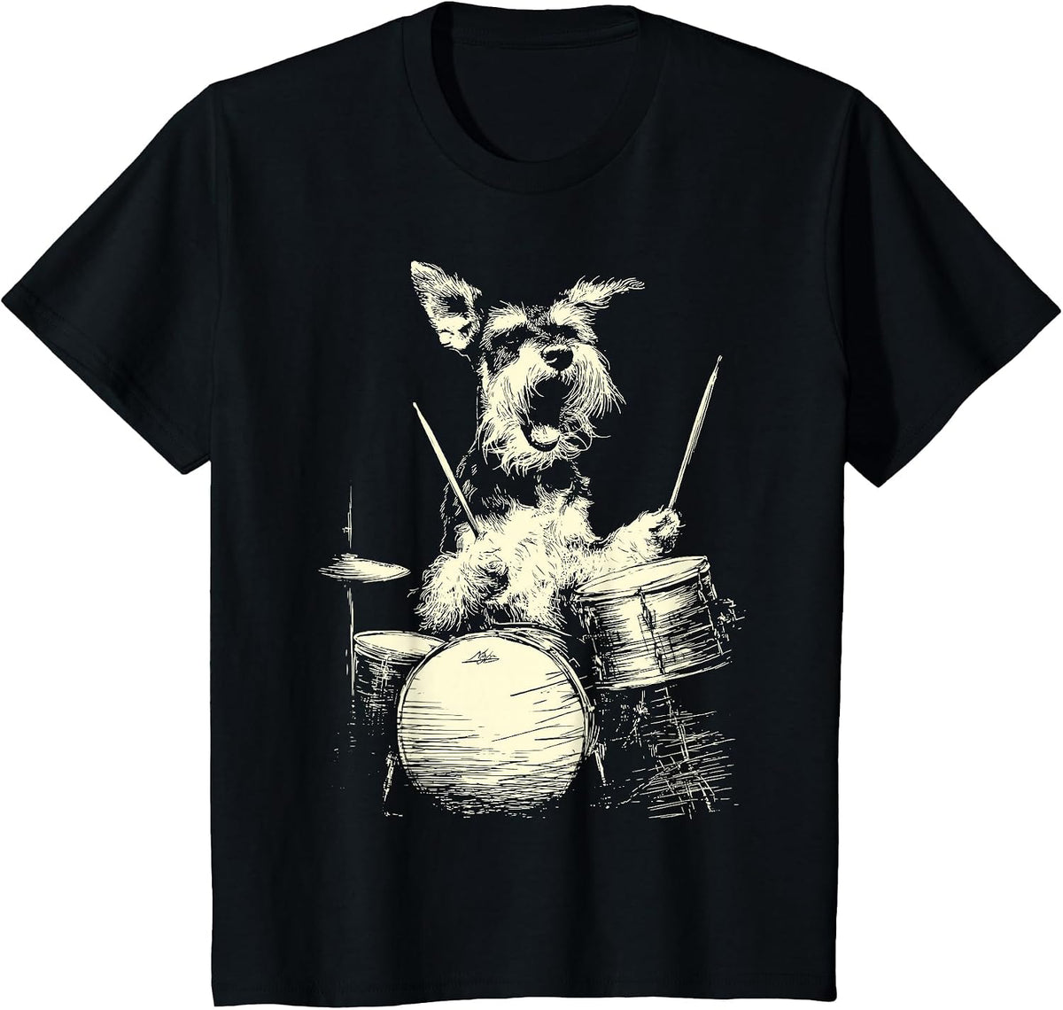 Cute Schnauzer Playing Drums Funny Music Dog Drummer Graphic T-Shirt - Black