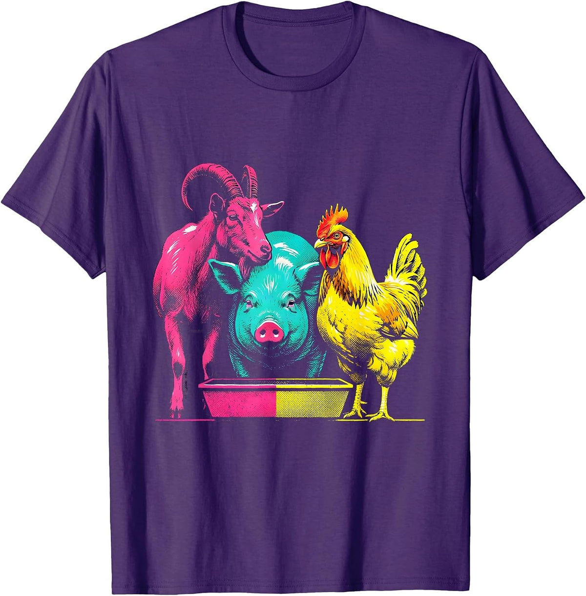 Men's Interlocked Goat Pig Chicken Risograph Farm Animal Humor T-Shirt - Purple