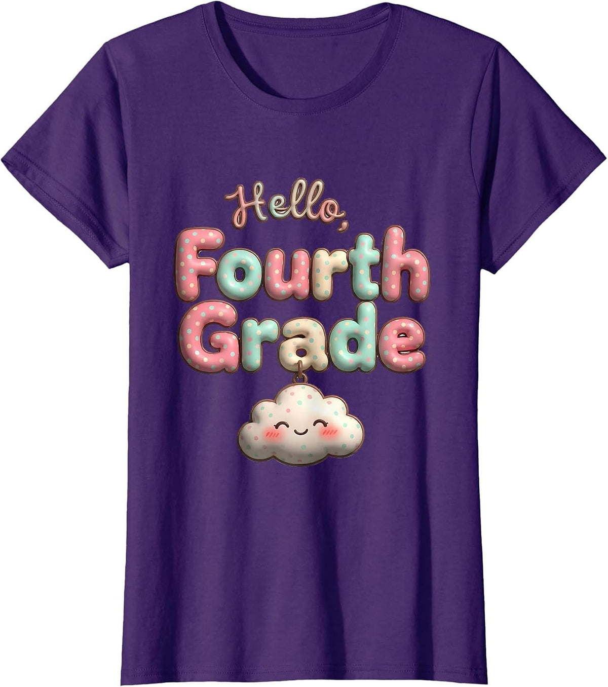Women's Hello, Fourth Grade Cute Kawaii Preppy Teacher Back T-Shirt - Purple