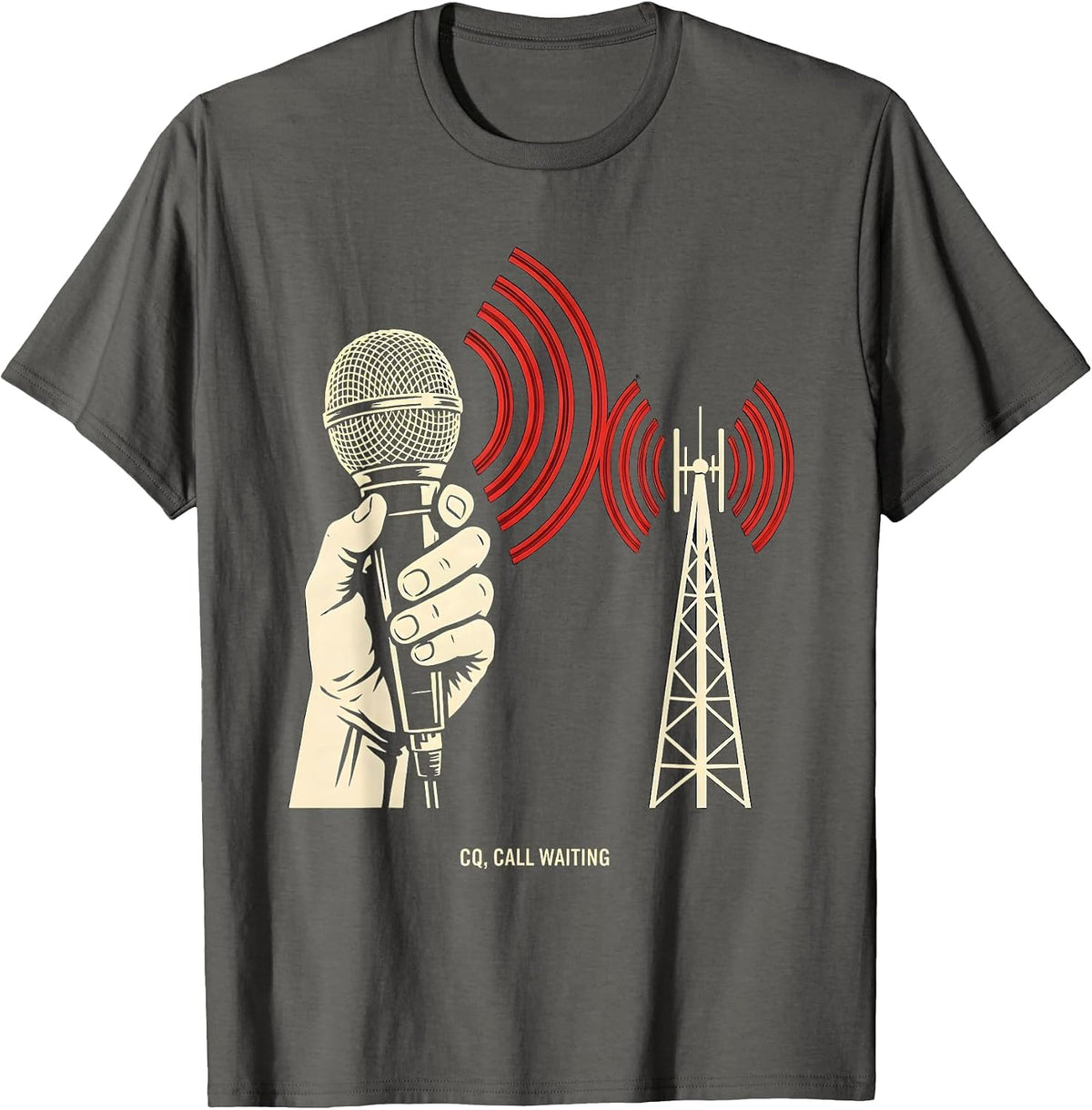 Men's CQ Call Waiting Stencil Graphic Ham Radio Operator Humor T-Shirt - Asphalt Grey