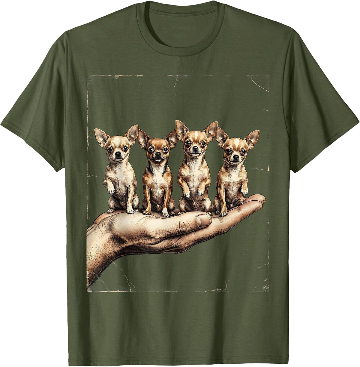 Four Chihuahuas Distressed Dog Lover Humor T-Shirt - Olive Green