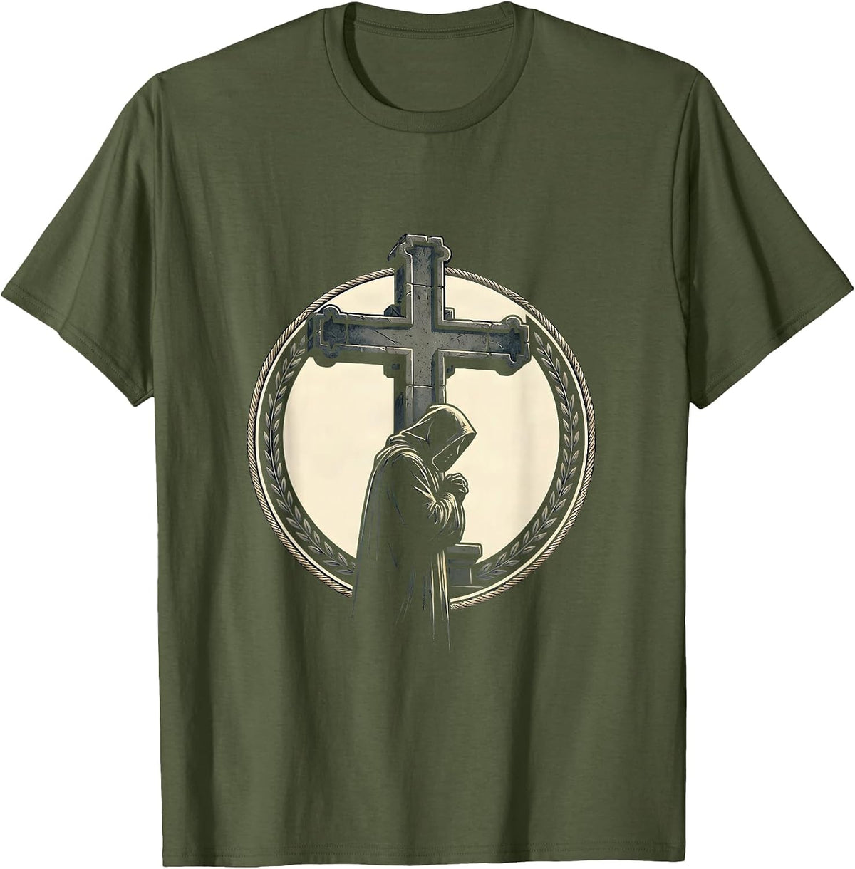 Hooded Figure Stone Cross Faith Graphic T-Shirt - Olive Green