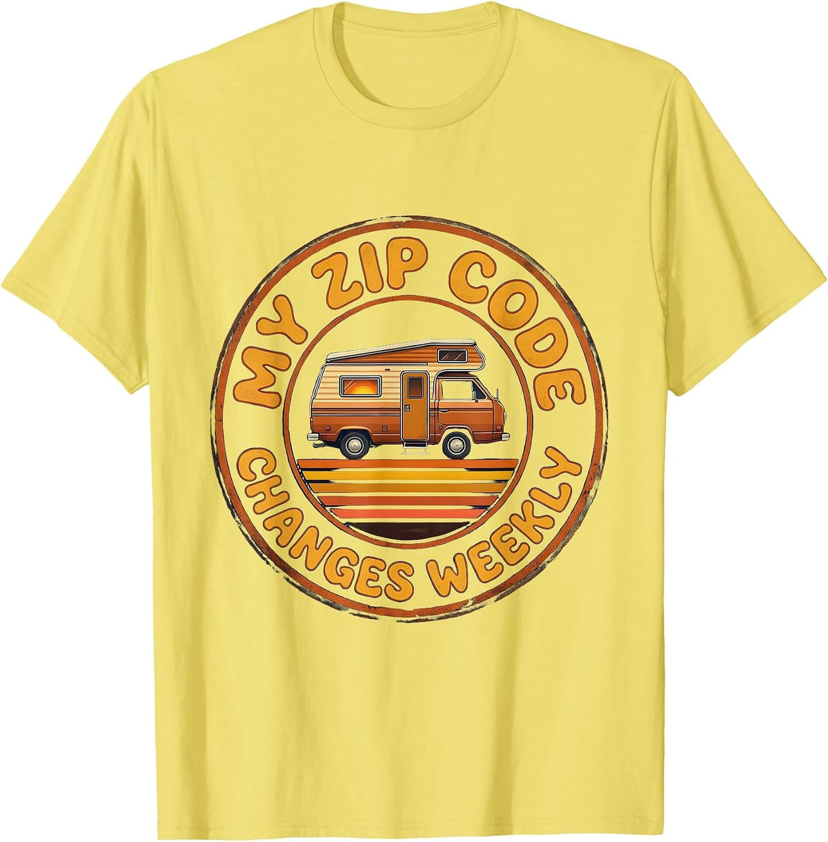 Men's My Zip Code Changes Weekly Retro Van Life Nomads Camper Van T-Shirt - Lemon Yellow