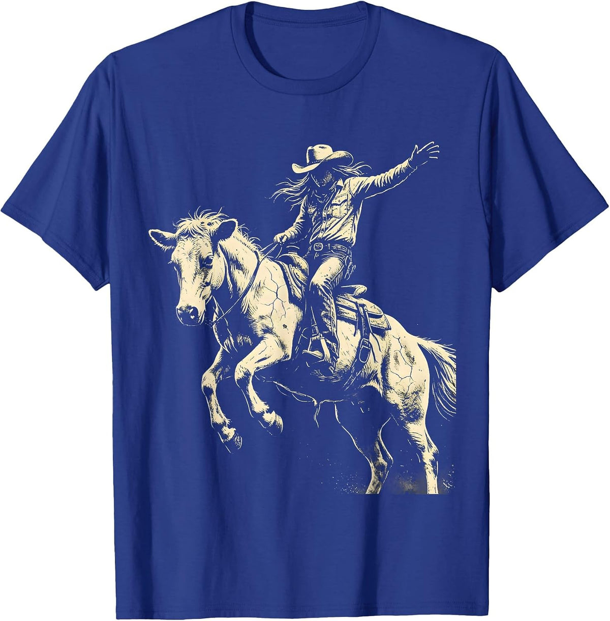 Cowgirl Bucking Bronco Rodeo Riding Graphic T-Shirt - Royal Blue