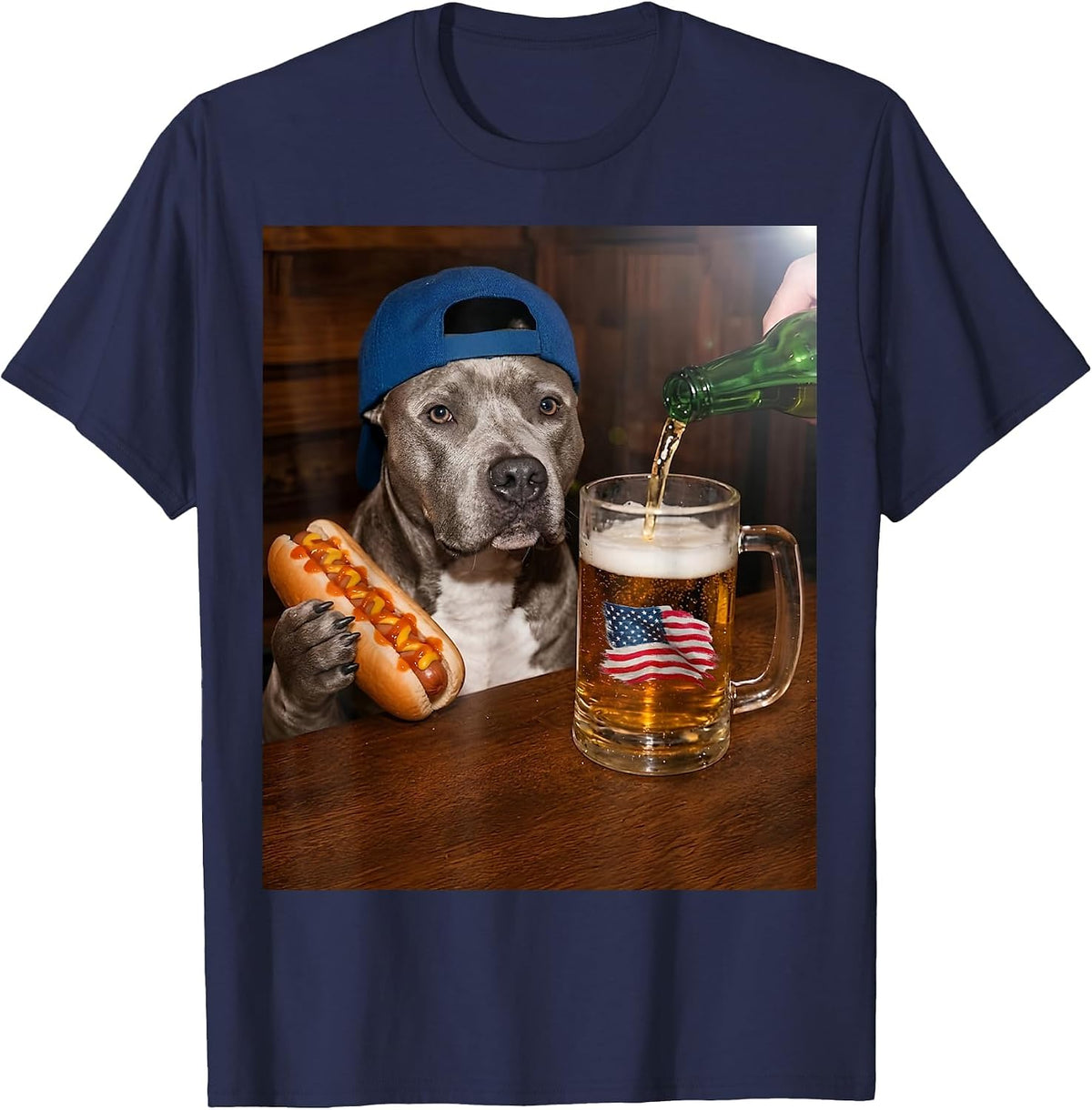 Funny Pitbull Meme Drinking Beer Hotdog USA Flag Pittie Moms T-Shirt - Navy Blue